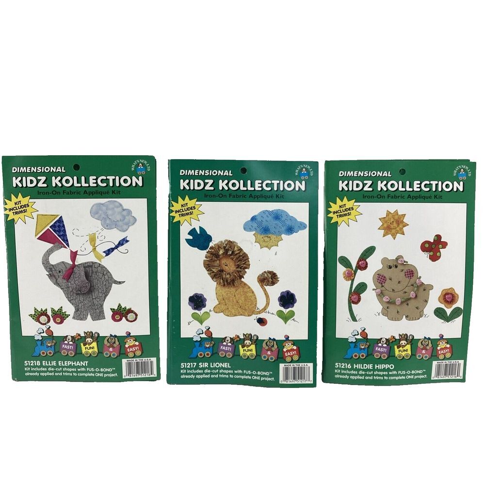 Vtg 3x Dimensional Kidz‎ Kollection Iron-On Fabric Applique Lion Hippo Elephant